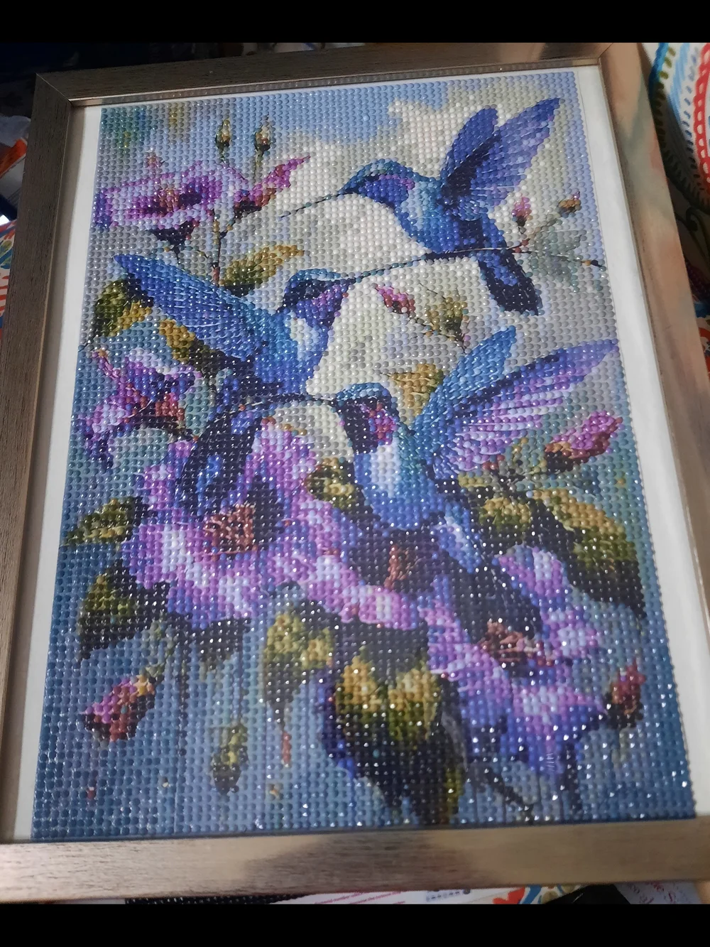 Framed Hummingbird Diamond Art Mosaic - Blue & Purple Floral - Picture 1 of 1